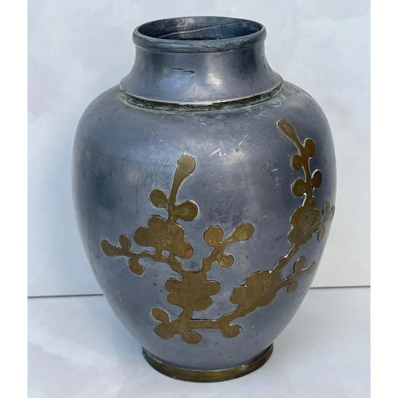 Decorative Crafts Inc Vintage Collection Metal Asian Vase Gray Sz 7" - Picture 1 of 11